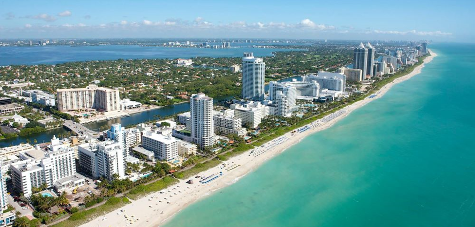 An aerial view of Miami near the blue ocean