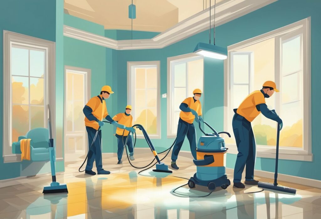 A team of cleaners scrub, mop, and dust every corner of a spacious, sunlit home in Melbourne. The fresh scent of cleaning products fills the air as they work tirelessly to refresh the entire space