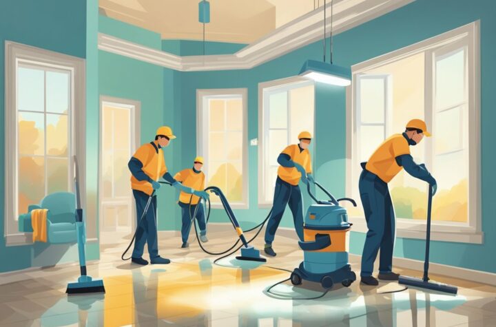 A team of cleaners scrub, mop, and dust every corner of a spacious, sunlit home in Melbourne. The fresh scent of cleaning products fills the air as they work tirelessly to refresh the entire space