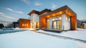 A modern house and yard in winter