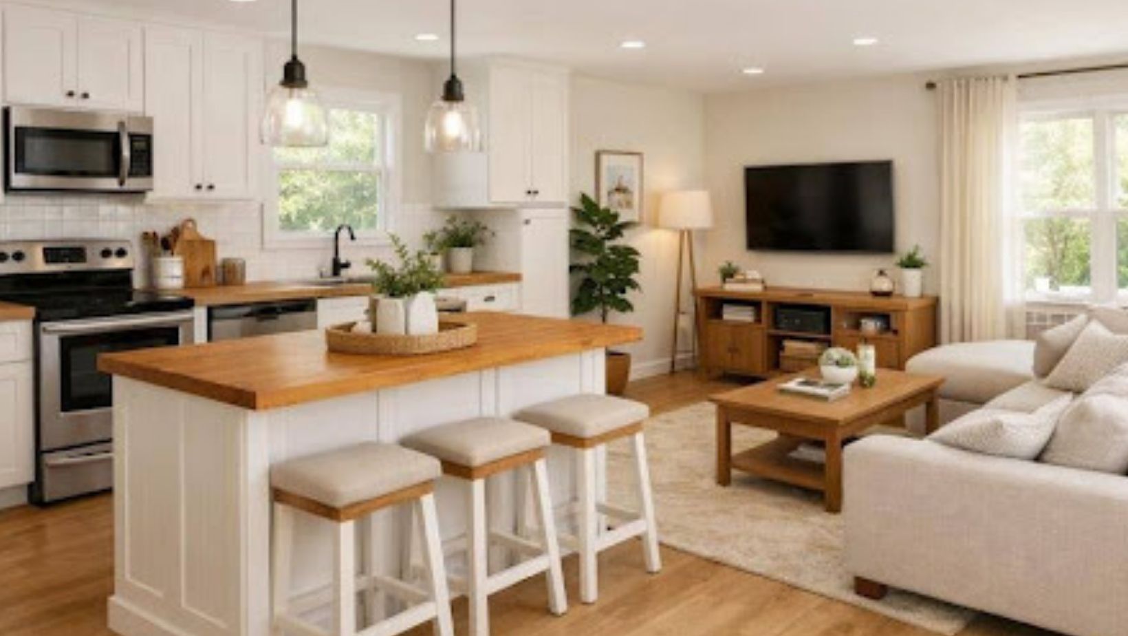 Bright open-plan kitchen and living area with continuous wood-look flooring, white shaker cabinets, butcher block island, pendant lights, and cozy neutral seating in an Atlanta home.