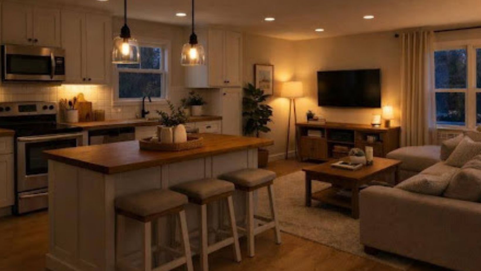 Open-plan kitchen and living area with pendant lights, under-cabinet lighting, recessed lights, and cozy living room lamps creating distinct zones.