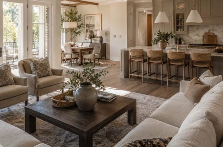 Open-concept Alpharetta home featuring a cohesive whole-home color palette with warm neutral tones, natural wood finishes, and connected living, dining, and kitchen spaces filled with soft natural light.