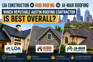 This is a cover image showing residential roofing styles and Stating that this is a comparison between Loa Construction, Kidd Roofing, and Ja Mar Roofing in Austin